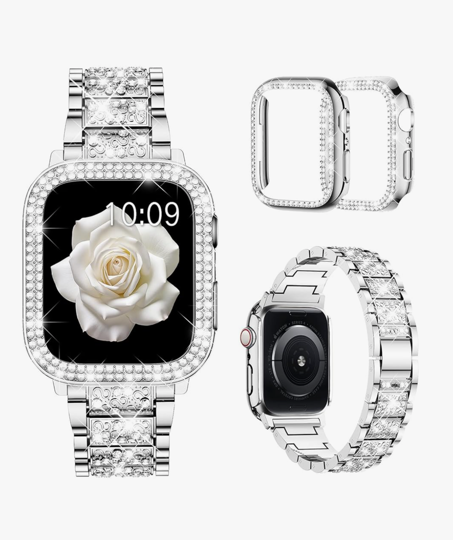 Mosonio Compatible with Apple Watch Band 38mm 40mm 41mm 42mm 44mm 45mm 46mm 49mm with 2 Pack Case Women, Jewelry Replacement Metal Bands Strap with Bling PC Protective Case for iWatch Ultra SE Series 10/9/8/7/6/5/4/3/2/1
