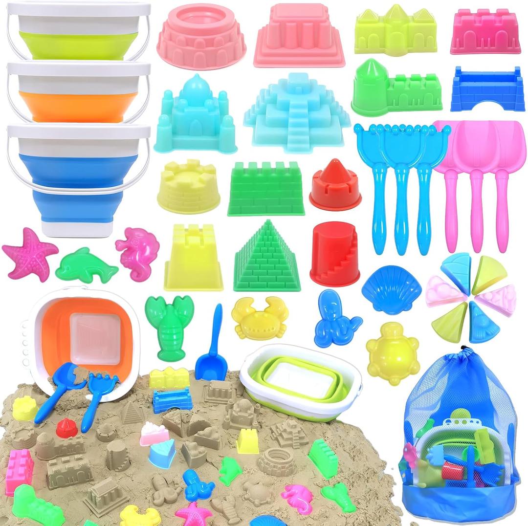 Collapsible Beach Toys for Kids, 38Pcs Sand Toys, 3 Foldable Buckets and Shovels Set with Mesh BagSand Castle Building Kit, Travel Sandbox Toys, Beach Essentials for Kids Toddlers Boys Girls Age 3-10, Age-appropriate size for kids aged 3-10