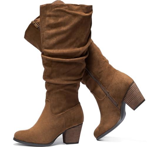 Luoika Women's Extra Wide Calf Knee High Boots, Wide Width Plus Size Knee-High Boots Low Stacked Heel Winter Fall Tall Boots.231204 Brownmf 10.5XW