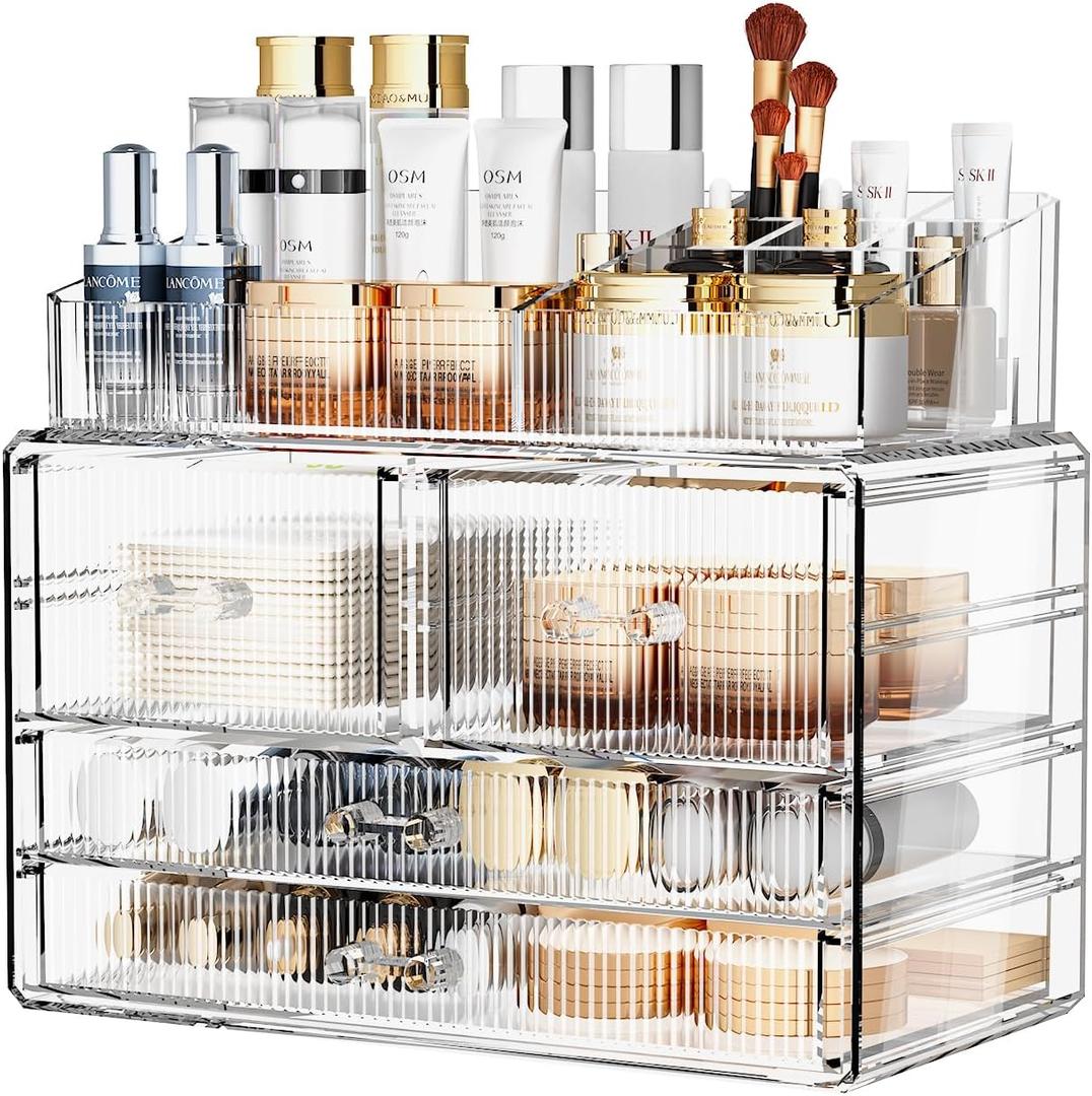 ZHIAI Stackable Storage Drawers, Acrylic Bathroom Counter Organizer Clear Makeup Organizers for Vanity, Kitchen Cabinets, Bathroom, Undersink, Home Organization and Storage (1 Top 4 Drawers D) ((2 Base, 2 Drawers) with Top)