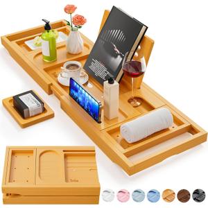 Premium Bathtub Tray Caddy, Expandable Bath Tray, Unique House Warming Gifts, New Home, Anniversary and Wedding Gifts for Couple, Bridal Shower Gift for Women (Bamboo)