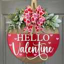 Valentine's Day Welcome Wreath Sign Decorations, Hello Valentine Hanging Sign for Front Door, Valentine's Day Wooden Door Wreath with Bow for Holiday Rustic Farmhouse Outdoor Wall Window Decor (Red)