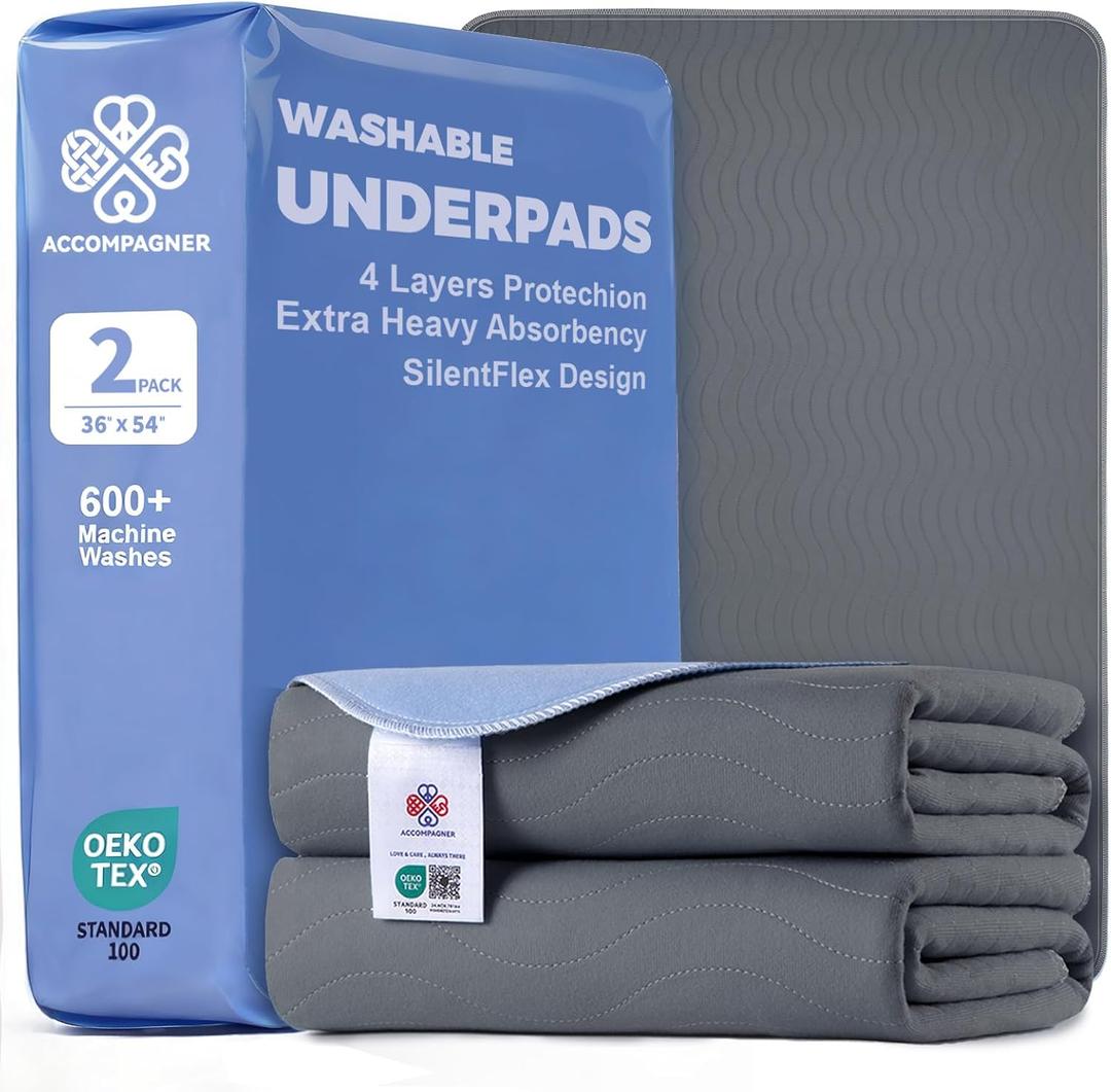 Accompagner Incontinence Bed Pads Washable Waterproof, Ultra-Absorbent Reusable Underpads for Diaper Changing, Nursing, Bedridden, Adults, Seniors, Kids and Dogs (Dark Gray, 36"x54"(Pack of 2))