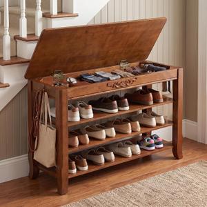 Shoe Rack Bench with Storage 3 Tier Solid Wood Entryway Shoe Rack 31.5"