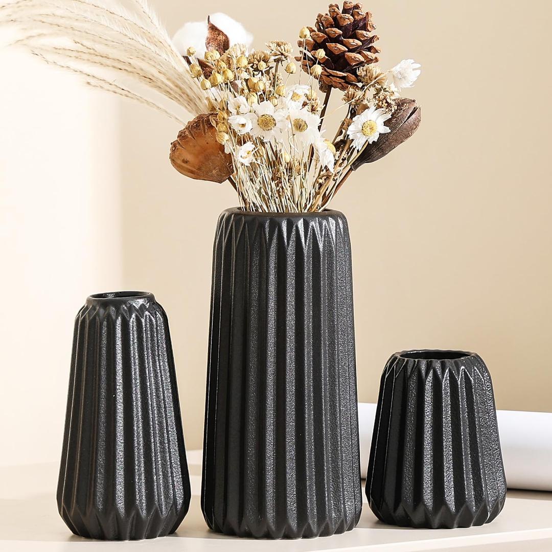 Black Ceramic Vase Set of 3 Modern Minimalist Bohemian Home Decor Vase Farmhouse Rustic Mantel and Shelf Decor Spacious Vase for Living Room Entryway Countertop Accents and Gift