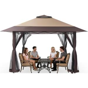 GAFETE 13x13 Pop Up Gazebo, Outdoor Canopy Tent with 4 Mosquito Netting, One Push Setup Gazebos for Patio Furniture, Backyard, Parties Events with Portable Carrrying Bag, 4 Sandbags (Beige & Coffee)