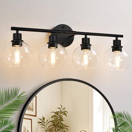 Indoi 4-Light Bathroom Light Fixtures, Black Bathroom Lights Over Mirror with Clear Glass Globe Shade, Vanity Lights for Bathroom Kitchen Living Room Hallway Cabinet Bedroom Porch ( 2 fixtures are missing)