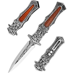 SELUCREH Folding Knife Stainless Steel Blade with 3D Retro Embossed Pattern, Pocket Clip for Men,Sharp Camping Survival Hiking Knives (Sword Type)