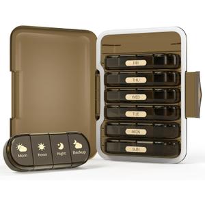 Weekly Pill Organizer 4 Times a Day, 7 Day Pill Box 4X, Portable for Travel Pill Case for Pills/Vitamin/Fish Oil/Medication/Supplements (4x7 Brown)