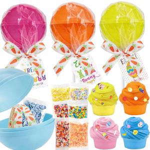 8 Pack Easter Party Favors Supplies - Lollipop Shaped Slime with Cards, Accessories -Soft Butter Slime Easter Basket Stuffers for Boys Girls
