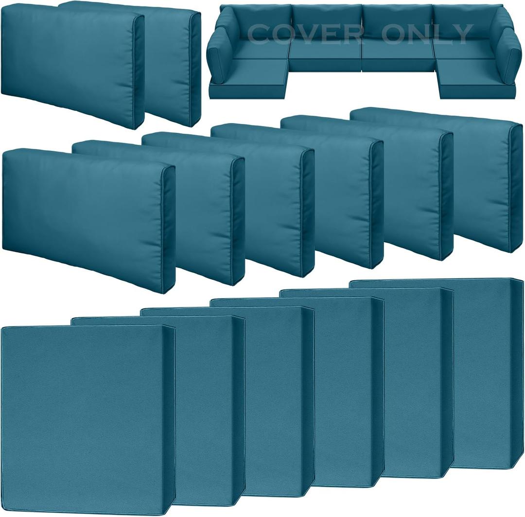 14 Piece Outdoor Patio Waterproof Cushion Covers, Fits 6-Seat Wicker Rattan Sectional Couch Chair Furniture Cover Replacement Set - Fade-Resistant Patio Cushion Covers with Zipper (Peacock Blue)