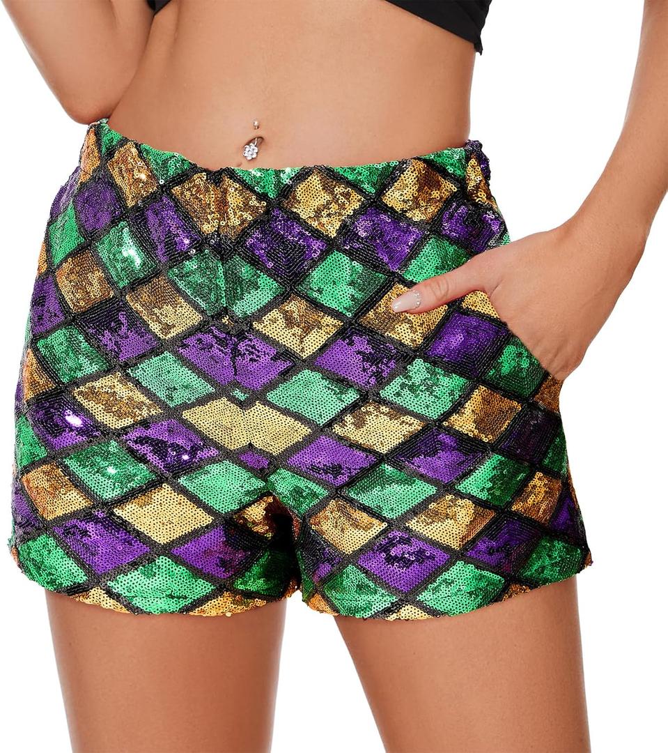 Sequin Shorts for Women - High Waisted Glitter Sparkly Shorts Concert Outfit Disco Party Music Festival Halloween Clothes (Large, Mardi Gras-diamond Pattern) L