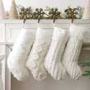 Rustic Personalized Christmas Stockings, 4 Pcs 18 Inch Luxury Snow White Ivory White Thick Plush Faux Fur Stocking with 4 Styles Textured Patterns, Christmas Home Decor Farmhouse Xmas Decorations