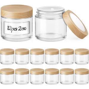 12 Pack 2 OZ Glass Jars with Lids, Small Glass Containers with Plastic Woodgrain Lids & Inner Liners, Reusable Travel Containers for Creams, Makeup, Lotion, Cosmetic, Ointment