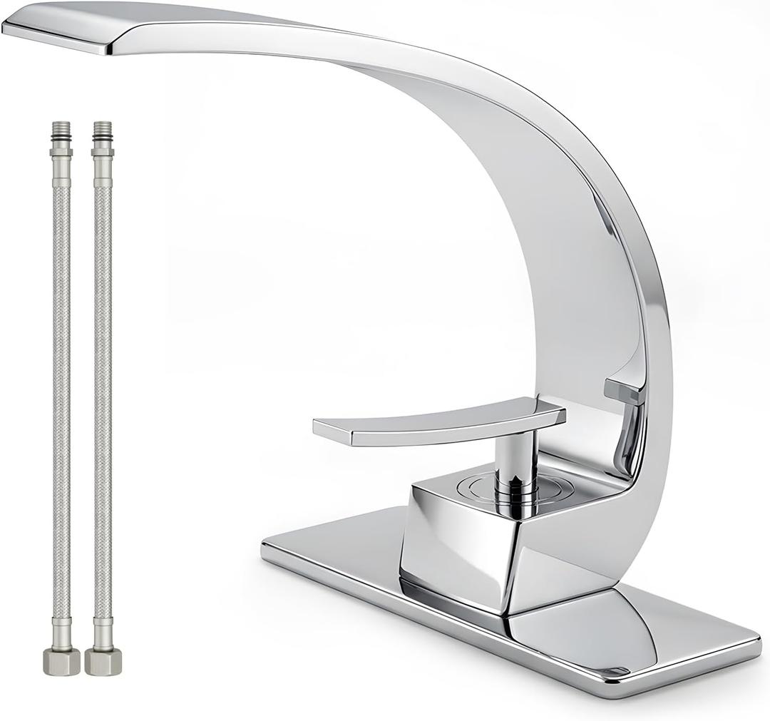 Bathroom Sink Faucet Modern Single Hole 1-Handle Faucet, Chrome Solid Brass Faucets, Mount Curved Lavatory Faucets Mixer Tap