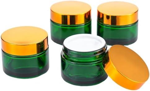 OverNews 4PCS 2oz Glass Jar Travel Size, Empty Cosmetic Lotion Container with Black Lid & Spatula, Small Mini Jar for Beauty (Green)