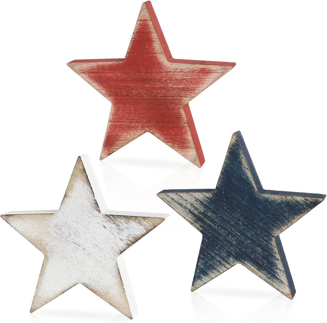 3 Pcs 4th of July Wooden Star Signs,Rustic Memorial Day Tiered Tray Decor, American Patriotic Table Decoration for Home Kitchen (Classic)