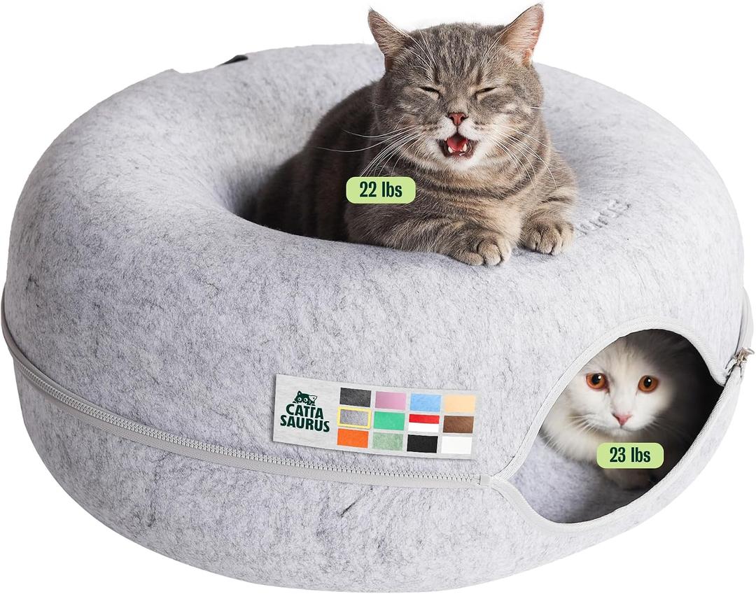 Cattasaurus Peekaboo Cat Cave Donut for Multiple & Large Cats up to 30-45 lbs, 3-in-1 Self Warming Cat Bed, Tunnel & Scratcher for Indoor Cats, Washable & Detachable Small Dog Bed (Light Gray, Large)