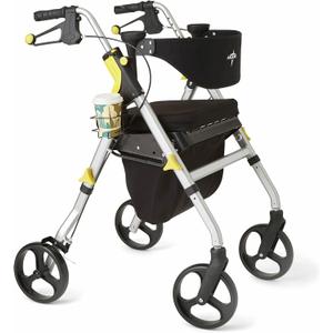 Medline Premium Empower Rollator Walker with Seat, Folding Rolling Walker with 8-inch Wheels, Silver