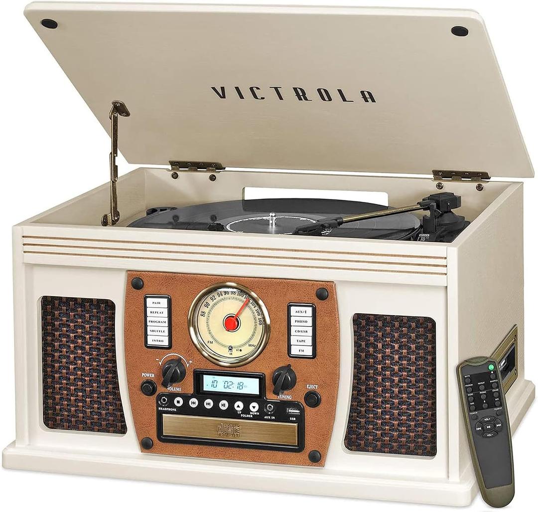 Victrola Navigator 8-in-1 Bluetooth Record Player with Built-in Speakers 3 Speed Turntable, CD Player, Cassette, FM Radio, USB, RCA Out, Headphone Jack, Wireless Music Streaming, Real Wood (White)