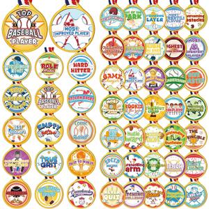 Nosiny 50 Pcs Cute Baseball Award Medals for Kids Gold Baseball Trophy Bulk with 50 Styles Award Stickers 1.5 Inches Neck Ribbon for Team Sports Toddler Preschool School Teacher Coach Favors Gift
