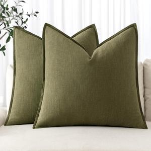 MIULEE Decorative Linen Pillow Covers 16x16 Inch Olive Green Boho Farmhouse Neutral Couch Throw Pillows for Bed Pack of 2 Accent Outdoor Pillowcase Modern Sofa Cushion Livingroom Home Decor