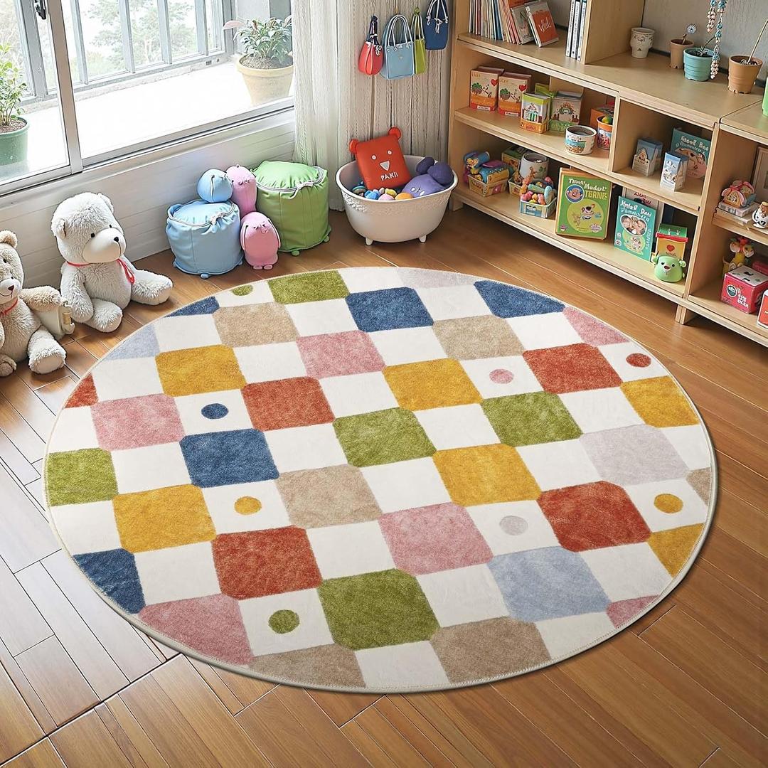 jinchan Macy Round Rug 4ft Kids Washable Rug Indoor Floor Cover Non-Slip Soft Modern Elementary School Classroom Colorful Diamond Carpet for Nursery Daycare Playroom Living Room Circus on Cream