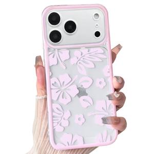 NITITOP Compatible for iPhone 17 Pro Max Case Cute Clear Hibiscus Floral Flower Pattern for Women Girls Color Frame Slim Shockproof Durable Protective Phone Cover - Pink