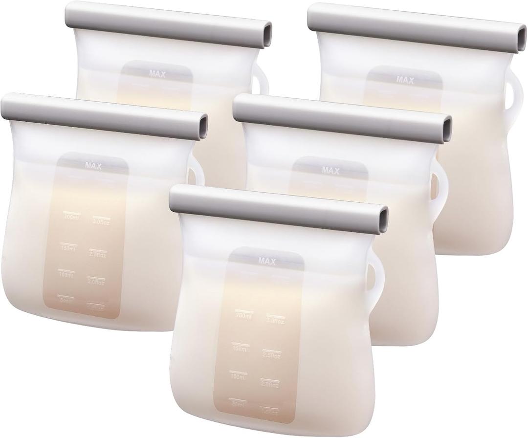 Lictin 5PCS Silicone Breastmilk Storage Bags, 8.5oz/250ml Reusable Breast Milk Storage Container, BPA-Free Self-Standing Milk Storing Bags for Breastfeeding, Leak-Proof Baby Food Storage Containers