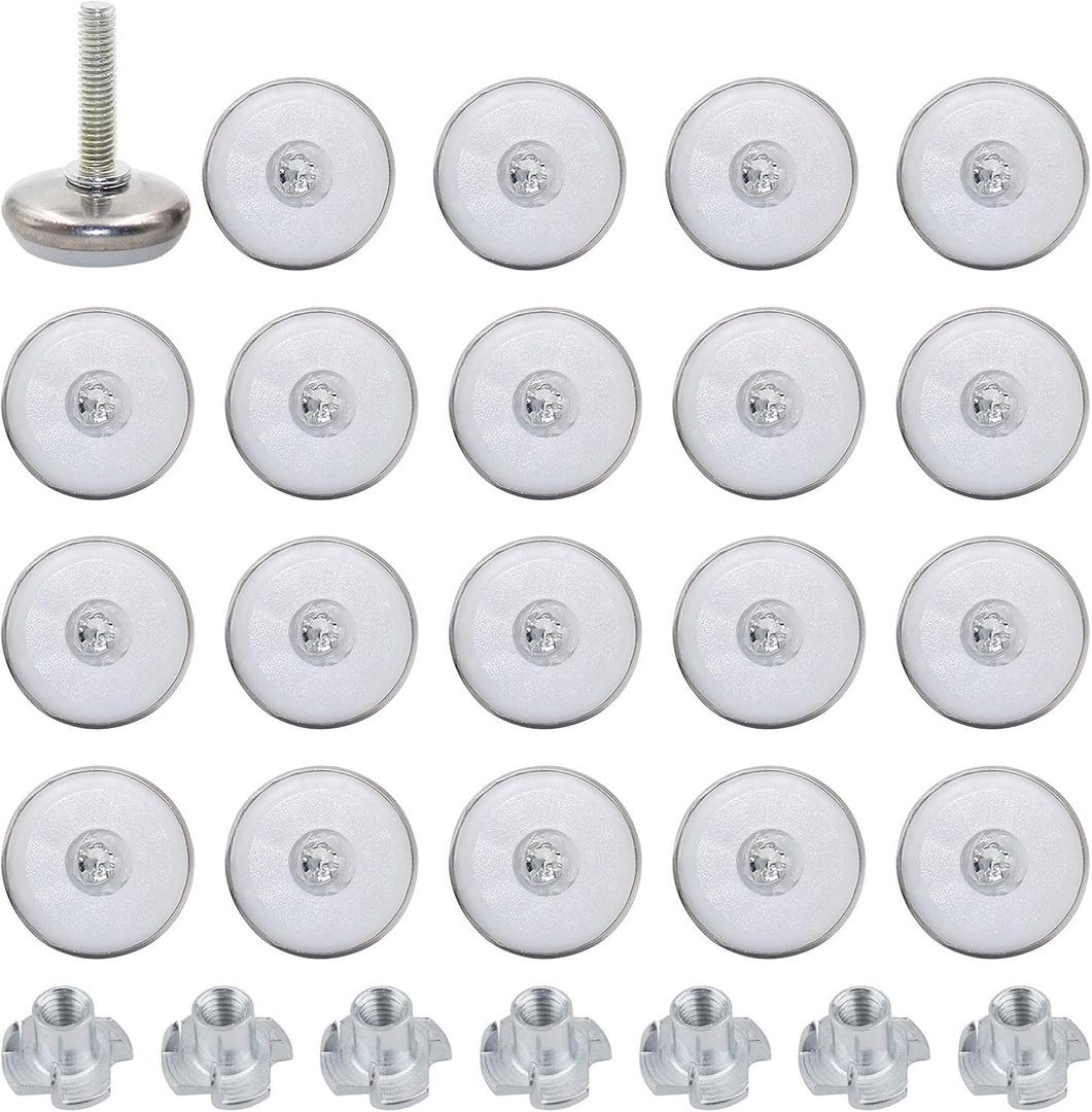 Adjustable Furniture Levelers, 20 Pcs M6 Furniture Glide with White Bottom Table and Chairs Leveling Feet Furniture Leveler Pads with Threaded Shank T-Nuts (M6 X 25mm)