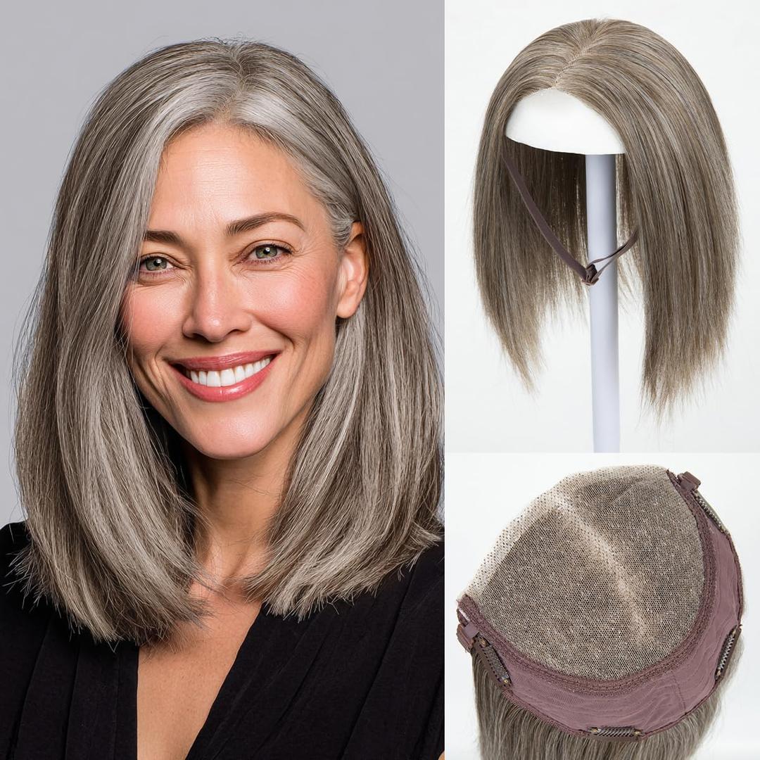 Lace Front Hair Toppers with Band for Women 5.5x4 Pre-cut Closed Lace Hairline Synthetic Straight Hair Wear and Go Glueless Toppers for Beginners Middle Grey