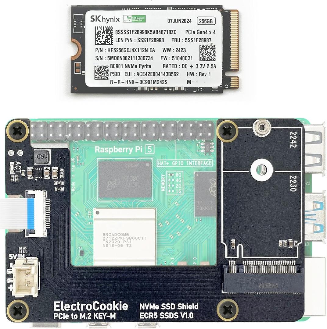 ElectroCookie M.2 NVMe SSD Kit for Raspberry Pi 5  Includes PCIe M.2 HAT and 256GB SSD Drive