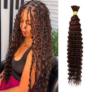 Boho Hair for Braiding Human Braiding Hair 30g 1 Bundles/Pack 18 inch Deep Wave Boho Hair 100% Unprocessed Brazilian Virgin Hair Chocolate Brown Braiding Hair Bohemian No Weft (4#)