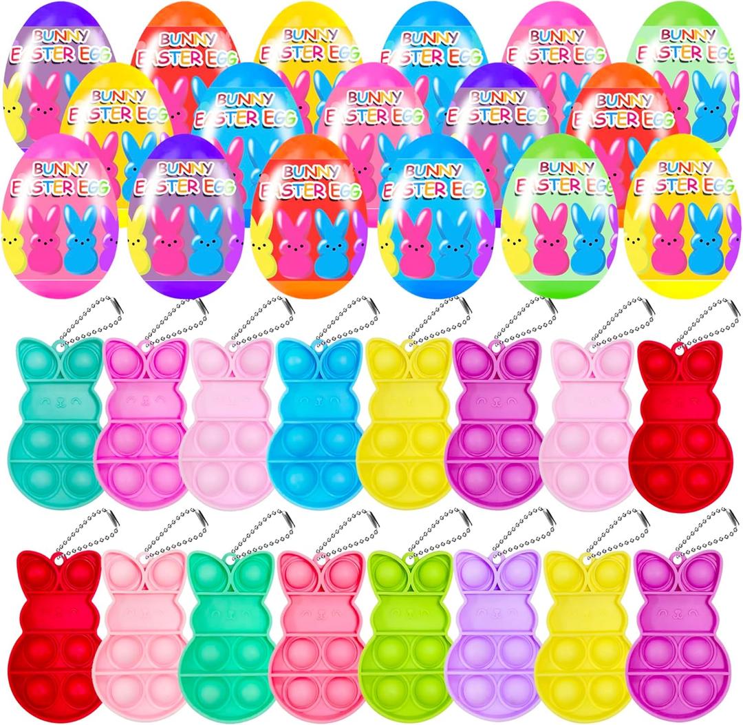24 PCS Prefilled Easter Eggs with Bunny Pop Bubble Fidget Keychains Toy Inside for Kids Boys Girls Easter Basket Stuffers Party Favors Easter Egg Hunt