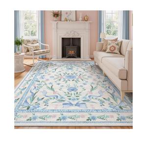 Blue Floral Rug 5x7 for Girls Bedroom or Nursery, Cute Bow Washable Area Rug, Ultra-Thin Non Slip Carpet for Kids Room, Dorm or Playroo