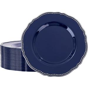 Hioasis 60pcs Blue Plastic Plates - Blue and Silver Disposable Dinnerware with Gold Rim, Heavy-duty, 10.25 inch, Dinner Plates for Party & Wedding