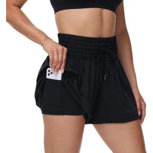 Flowy Athletic Shorts for Women Workout Running Gym Yoga Sport Short Pants Sweat Tennis Skirt Skort High Waisted with Pockets Biker Spandex Cute Comfy Lounge Trendy Clothes Casual Summer Black L