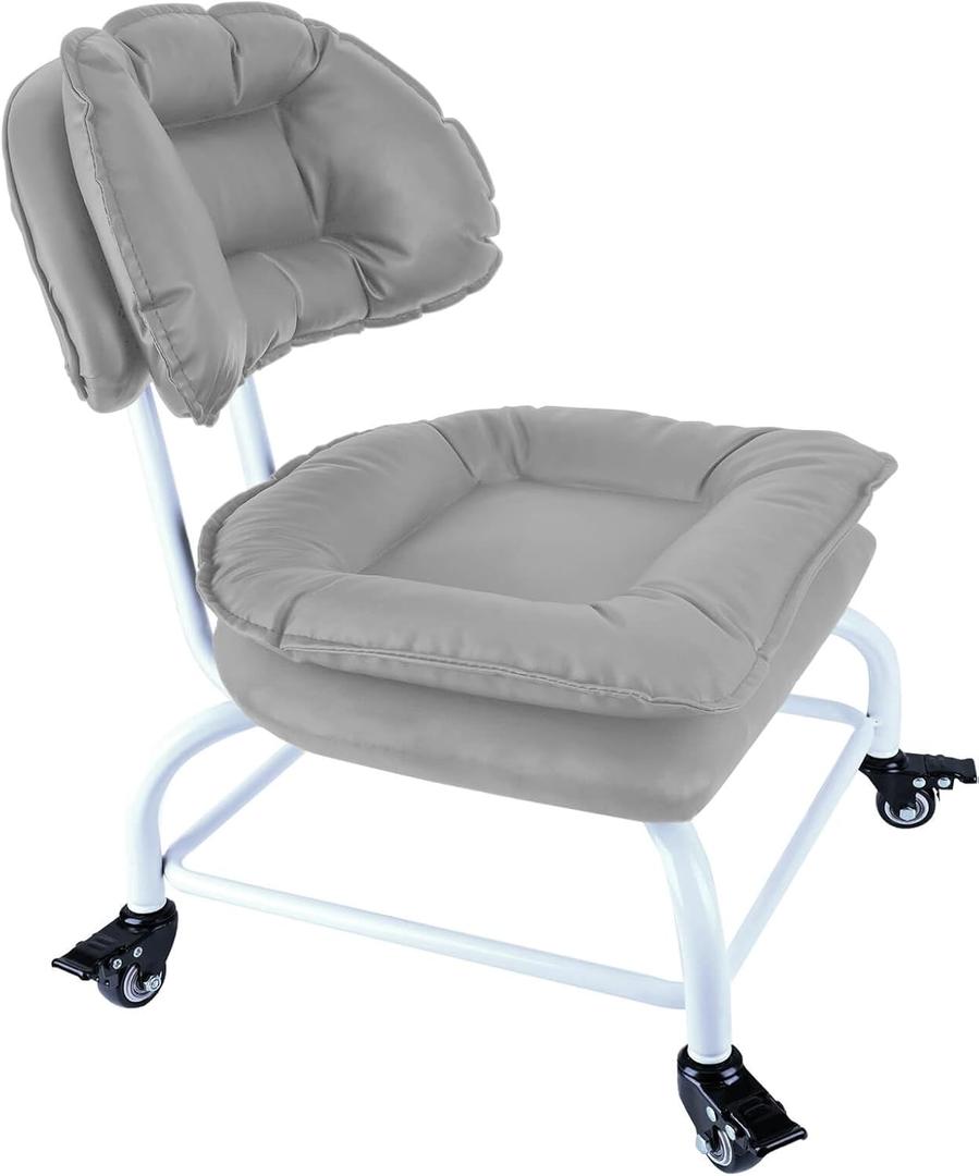 Rolling Stool Wide Seat with Back Rolling Chair 4 Wheels with Brakes for Home Office Garage Shop Waterproof Roller Seat Durable Steel Stand Light Gray (Middle)