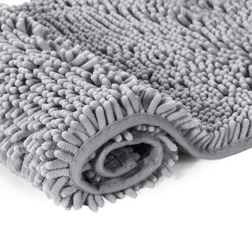 Soft Chenille Bath Mat, Plush Shaggy Bath Carpet, Non-Slip Entryway Carpet, Dry Wet Separation Bath Rugs, Thick Bath Mat for Bathroom, Shower, and Tub (Grey,20in*32in)