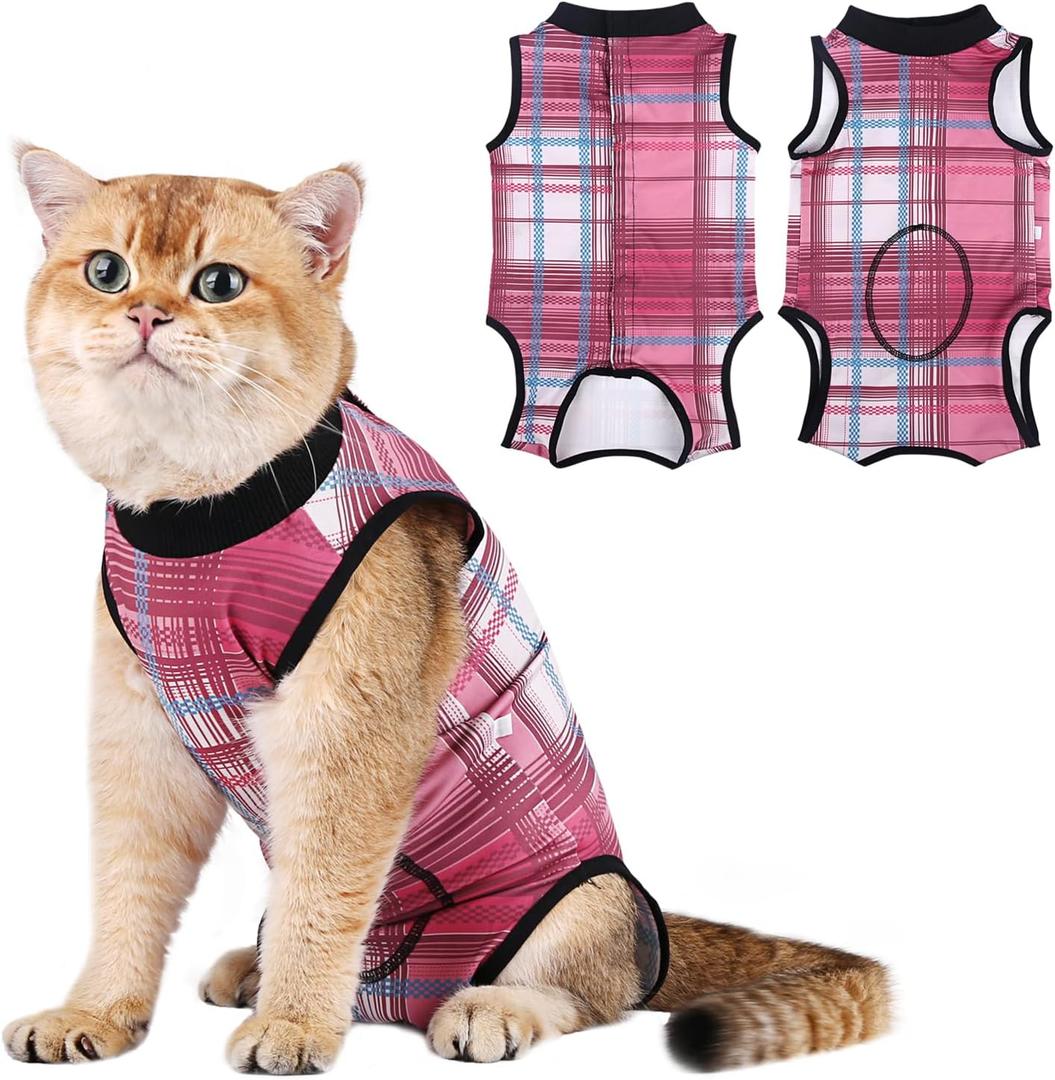 Cat Surgery Recovery Suit Cats Surgical Onesie After Surgery Post Spay Neuter Bodysuit Anti-Licking Wounds Pink Plaid/M (M(Back Length:11.4"/29cm; Chest:14.7"/37cm)