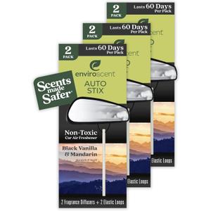 Enviroscent Non-Toxic* Car Air Freshener Auto Stix - Fragrance Lasts Up to 180 Days - Includes Auto Stix Diffusers & Elastic Loops - Mothers Day Gift for Mom - Black Vanilla & Mandarin (Pack of 3)