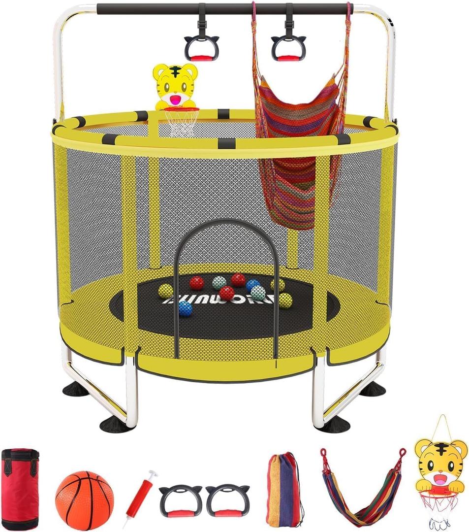 Trampoline for Kids, Adjustable Baby Toddler Trampoline with Basketball Hoop, 440lbs Indoor Outdoor Toddler Trampoline with Enclosure (Yellow)
