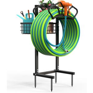 Qatsrin Upgraded Garden Hose Holder with Large Basket, Heavy Duty Water Hose Holder Supports 160-ft Hoses, Freestanding Detachable Hose Stand Storage Reel Hanger Rack for Yard Lawn Farm