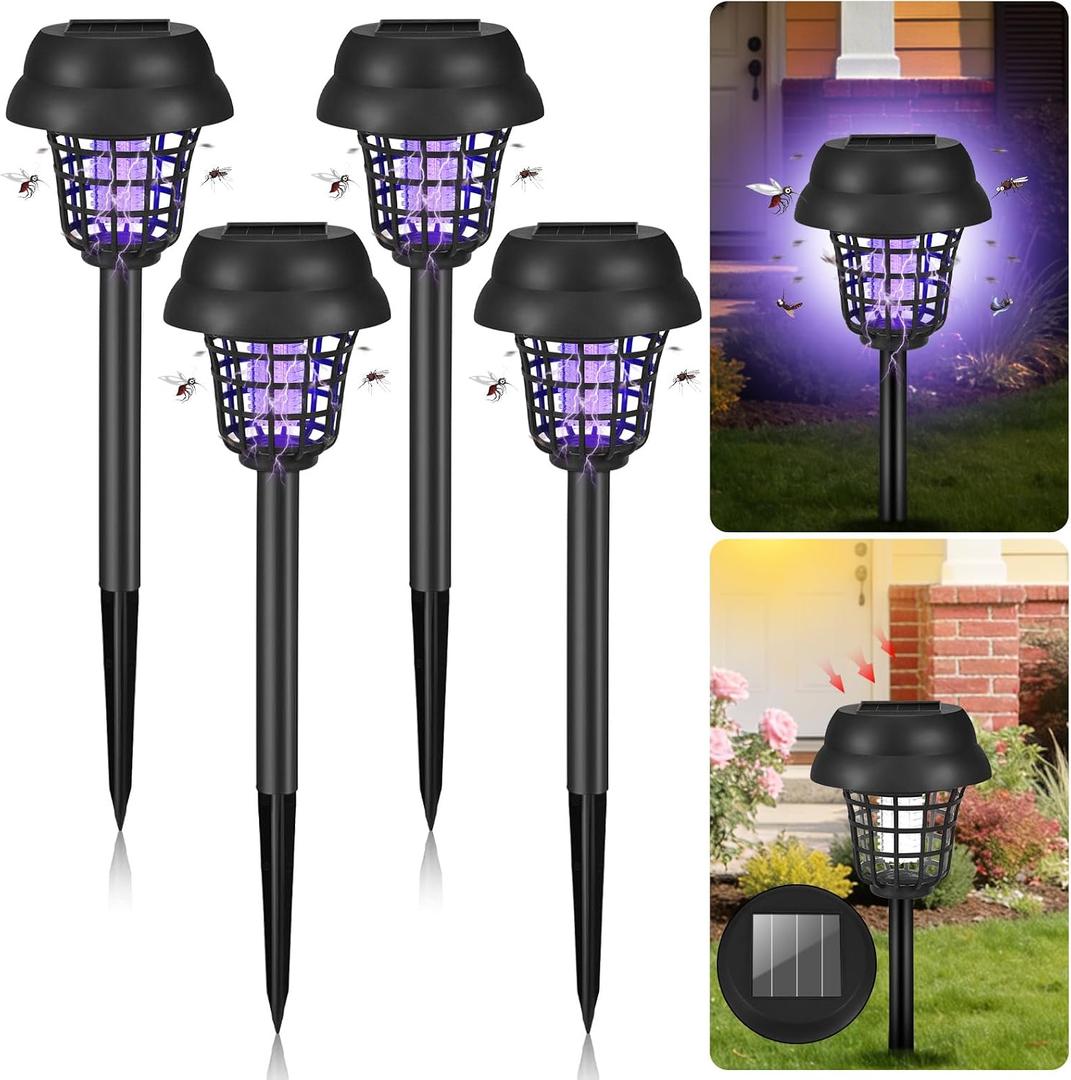 2026 Solar Bug Zapper Outdoor Waterproof,4 Pack Mosquito Zapper Repellent Outdoor Patio,Auto On/Off Purple or White Light,Solar Powered Gnat Insect Bug Zappers for Yard Garden Backyard Pathway