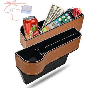 Car Seat Gap Filler Organizer, 2 Pack Multifunctional Car Seat Organizer, Auto Console Side Storage Box with Cup Holders 2 Seat Hooks for Drink, Car Organizer Front Seat for Holding Phone, Sunglasses (3-Natural 3-Brown)