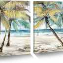 ArtSquare Tropical Beach Canvas wall art: 2 Pieces Coastal Palm Tree Painting Abstract Seaside Wave Seascape Artwork Heavy Textured Seashore Skyline Prints Modern Ocean Shoreline Pictures for Bedroom, 18"x24"x2PCS