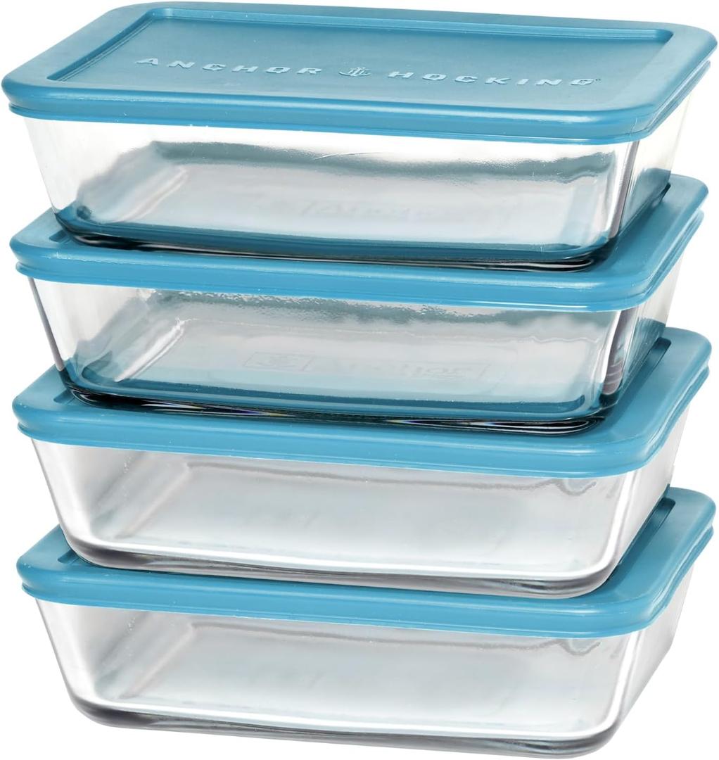 Anchor Hocking SnugFitTM Rectangular Food Storage Containers with Lids (4-Piece, 6-cup, Teal, oven-safe), Large