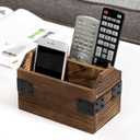MyGift Wood TV Remote Control Holder, Remote Organizer Storage Caddy for Table with 2 Compartments and Decorative Black Metal Wrap Accents, Rustic Burnt