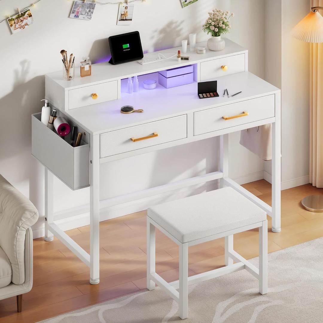 YITAHOME Vanity Desk with Lighted Strip & Charging Station, Makeup Table with 4 Drawers and Padded Stool, Mirror Not Included (White)