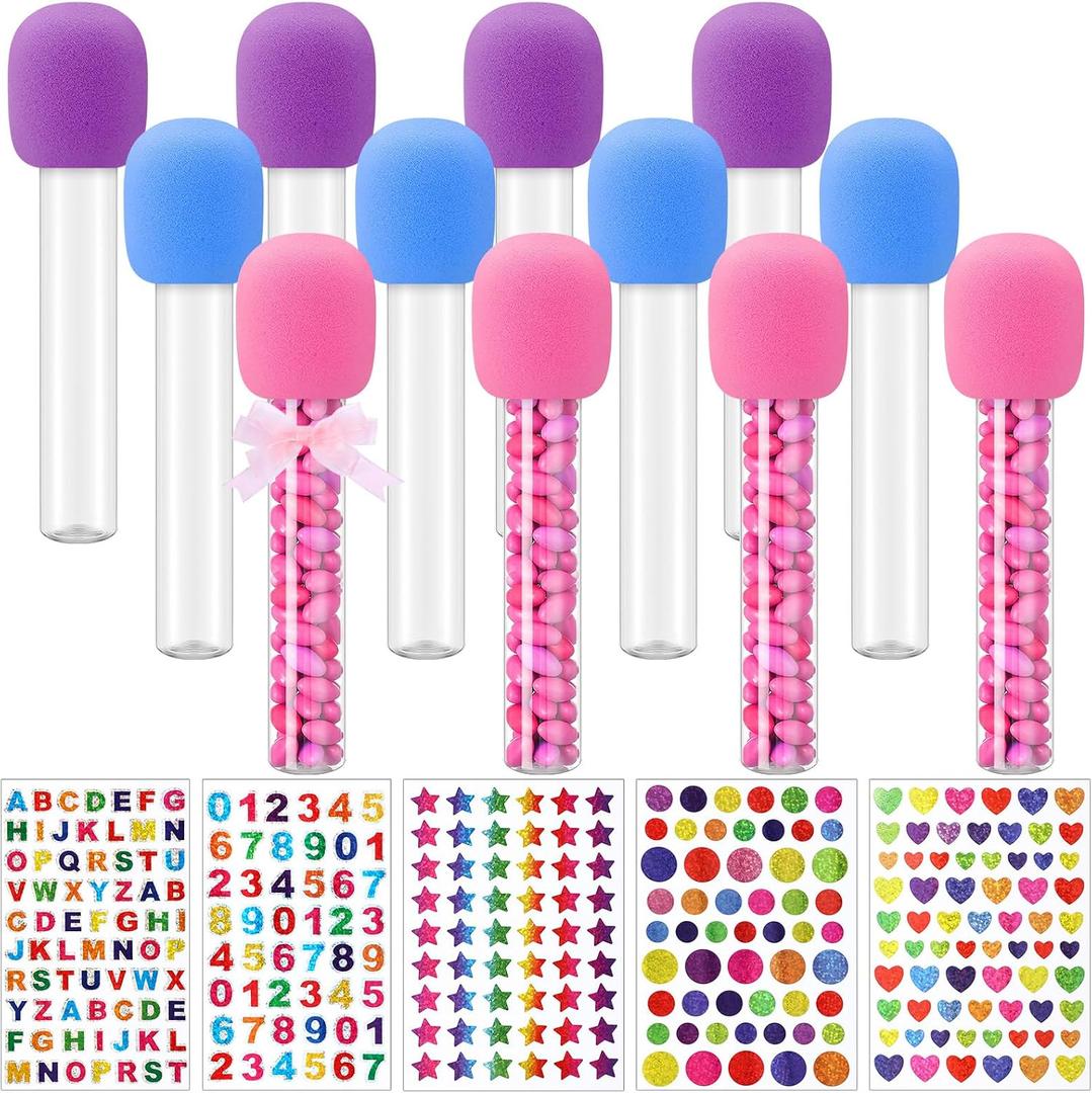 Newtay 12 Pcs Microphone Candy Tubes Kpop Themed Birthday Party Decor 10'' Fake Plastic Microphone Prop Toy with Stickers for Karaoke Disco Singer Stage Favors, Candy Not Included (Purple, Pink, Blue)